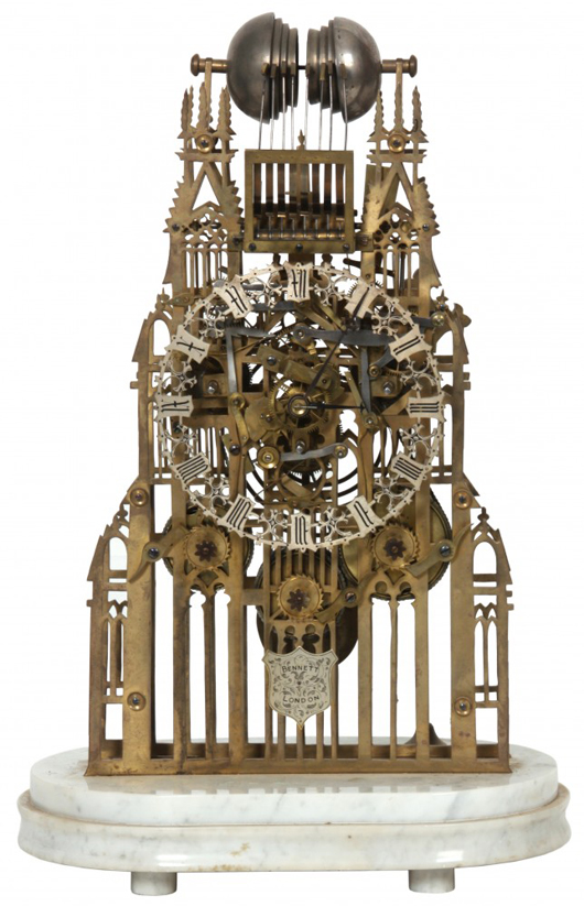 Gothic triple fusee Whittington chime 8-bell skeleton clock signed ‘Bennett, London.’ Price realized: $16,250. Fontaine’s Auction Gallery image.